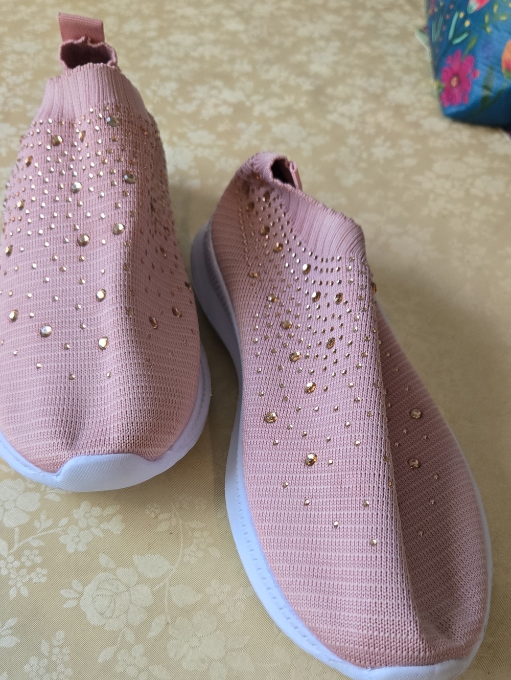 Women's Pink Slip-On Knit Sneakers with Gold Studs SIZE 8